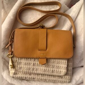 Fossil Brown Kinley Small Fabric and Leather Crossbody Bag